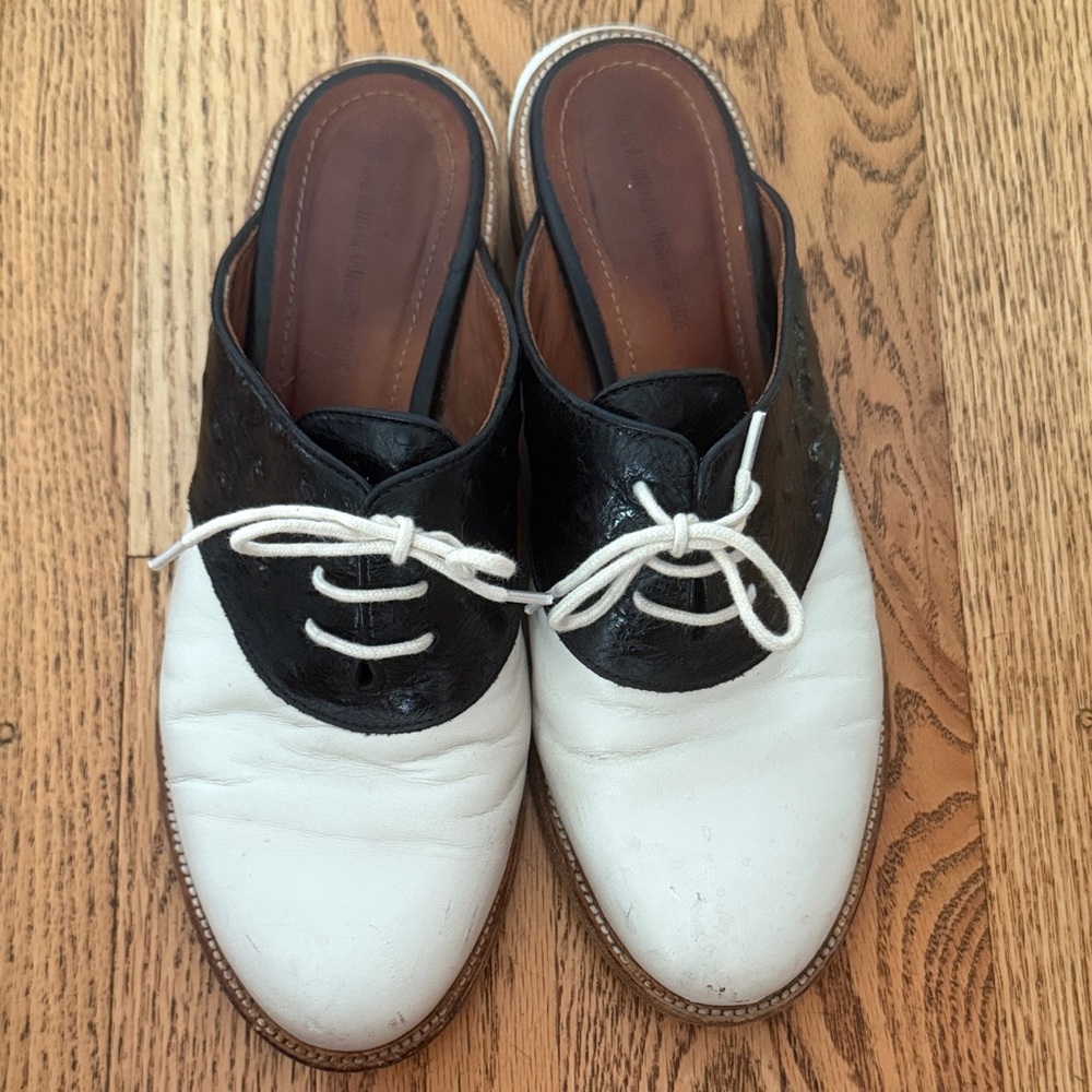 Band Of Outsiders Black/White Oxford Loafer Mules Stacked Saddle Leather Size 8 - Picture 2 of 8